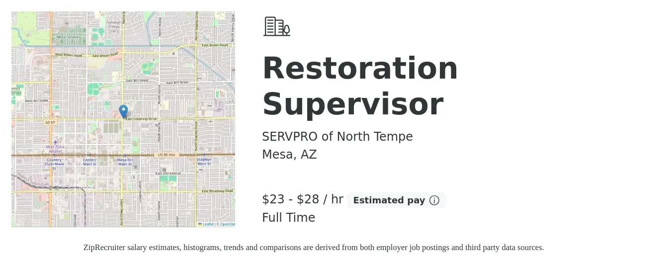 SERVPRO of North Tempe job posting for a Restoration Supervisor in Mesa, AZ with a salary of $24 to $30 Hourly with a map of Mesa location.