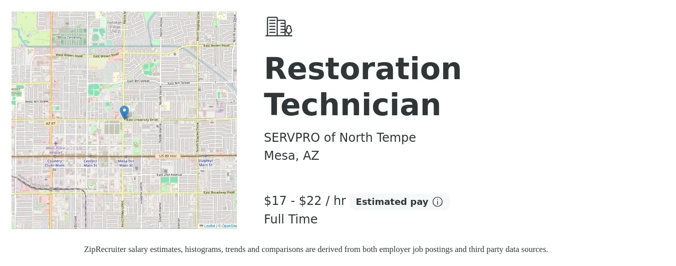 SERVPRO of North Tempe job posting for a Restoration Technician in Mesa, AZ with a salary of $18 to $23 Hourly with a map of Mesa location.
