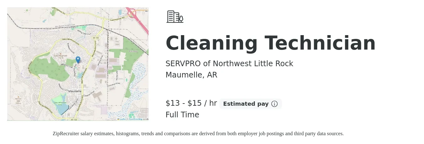 SERVPRO of Northwest Little Rock job posting for a Cleaning Technician in Maumelle, AR with a salary of $14 to $16 Hourly with a map of Maumelle location.