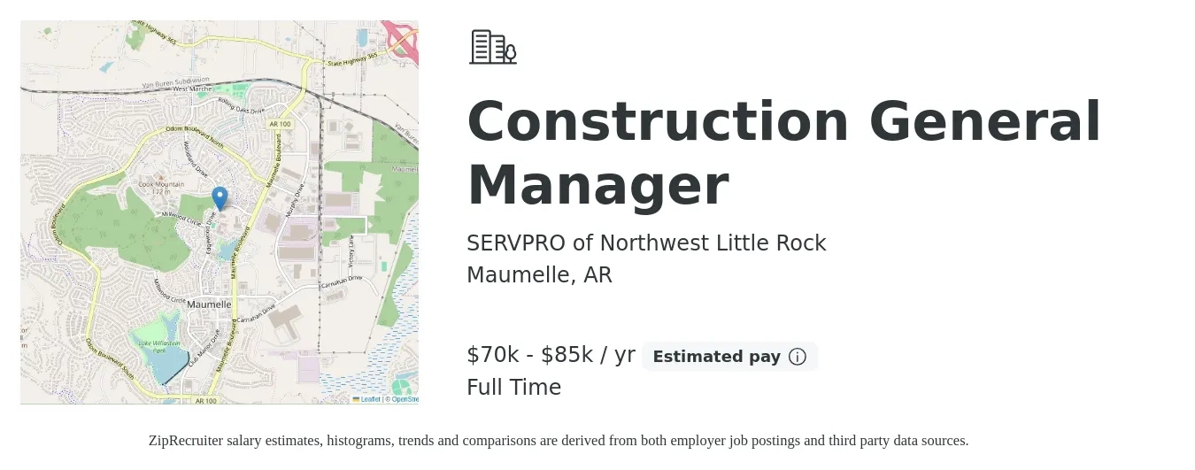 SERVPRO of Northwest Little Rock job posting for a Construction General Manager in Maumelle, AR with a salary of $70,000 to $85,000 Yearly with a map of Maumelle location.