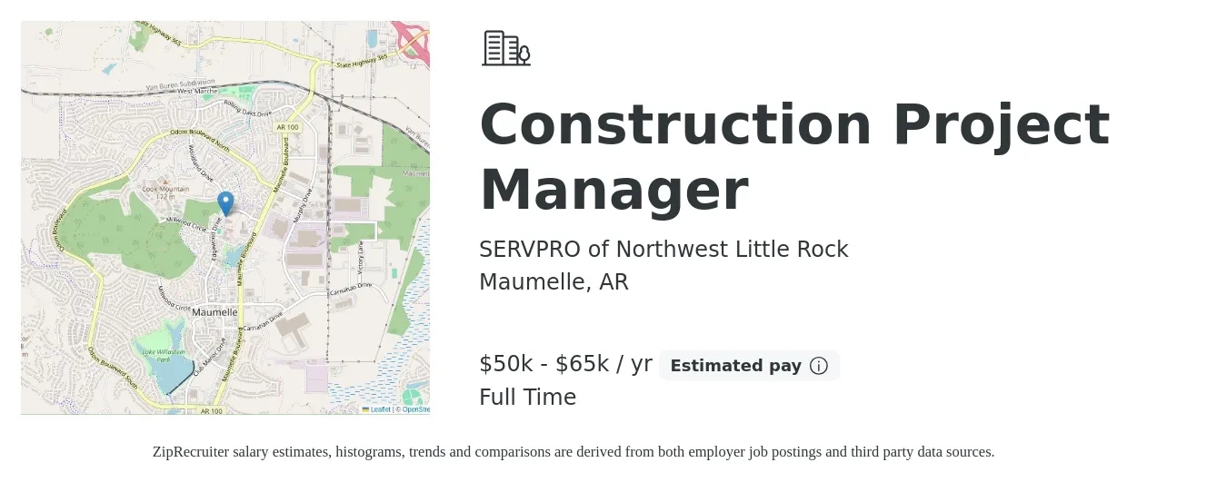 SERVPRO of Northwest Little Rock job posting for a Construction Project Manager in Maumelle, AR with a salary of $50,000 to $65,000 Yearly with a map of Maumelle location.