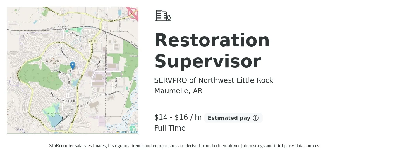 SERVPRO of Northwest Little Rock job posting for a Restoration Supervisor in Maumelle, AR with a salary of $15 to $17 Hourly with a map of Maumelle location.