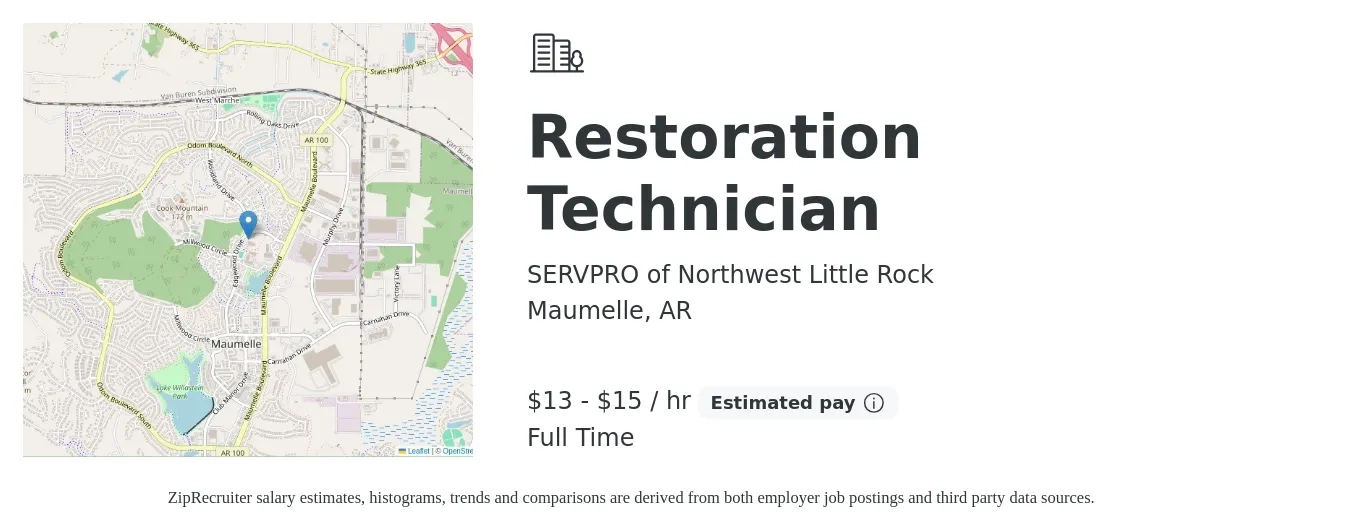 SERVPRO of Northwest Little Rock job posting for a Restoration Technician in Maumelle, AR with a salary of $14 to $16 Hourly with a map of Maumelle location.