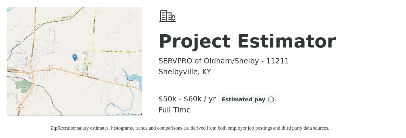 SERVPRO of Oldham/Shelby - 11211 job posting for a Project Estimator in Shelbyville, KY with a salary of $50,000 to $60,000 Yearly with a map of Shelbyville location.