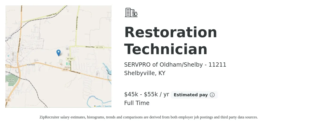 SERVPRO of Oldham/Shelby - 11211 job posting for a Restoration Technician in Shelbyville, KY with a salary of $50,000 to $55,000 Yearly with a map of Shelbyville location.
