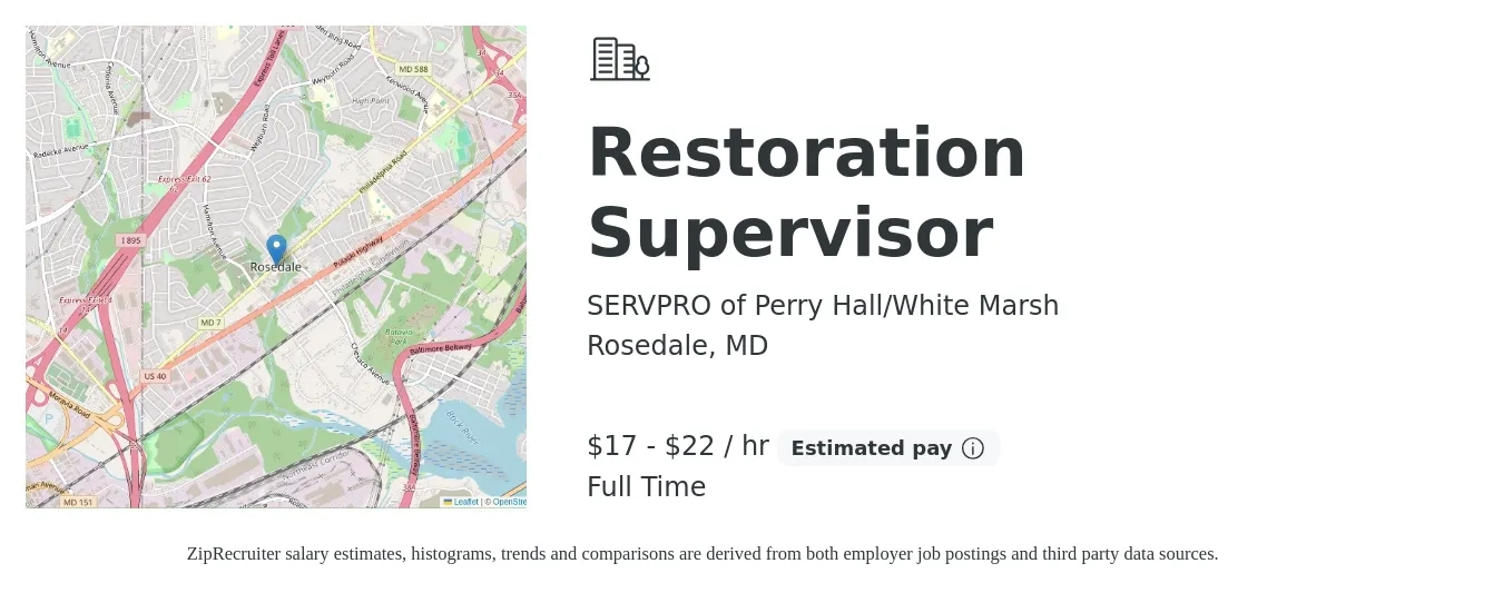 SERVPRO of Perry Hall/White Marsh job posting for a Restoration Supervisor in Rosedale, MD with a salary of $18 to $23 Hourly with a map of Rosedale location.
