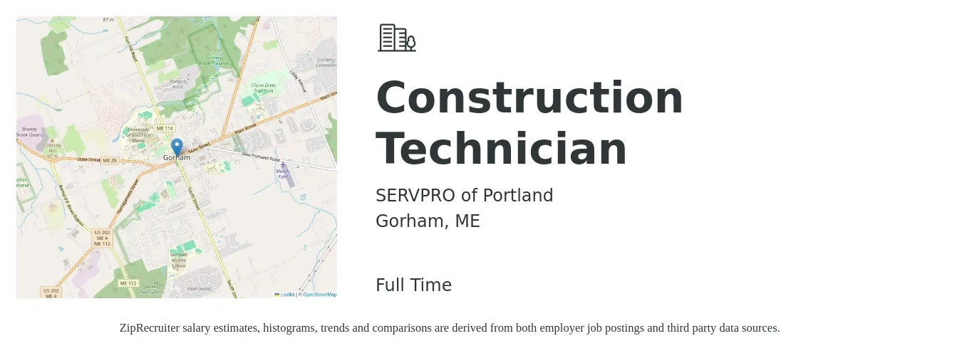 SERVPRO of Portland job posting for a Construction Technician in Gorham, ME with a salary of $22 to $26 Hourly with a map of Gorham location.