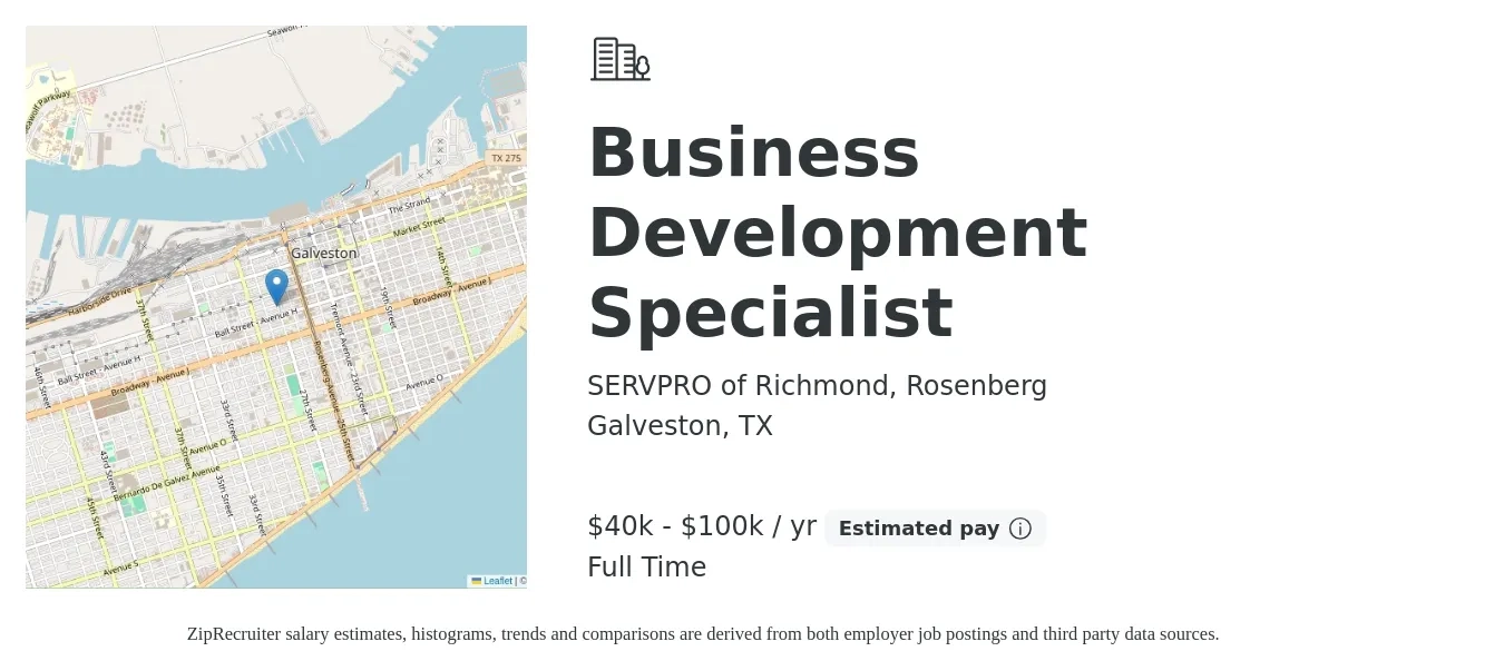 SERVPRO of Richmond, Rosenberg job posting for a Business Development Specialist in Galveston, TX with a salary of $40,000 to $100,000 Yearly with a map of Galveston location.
