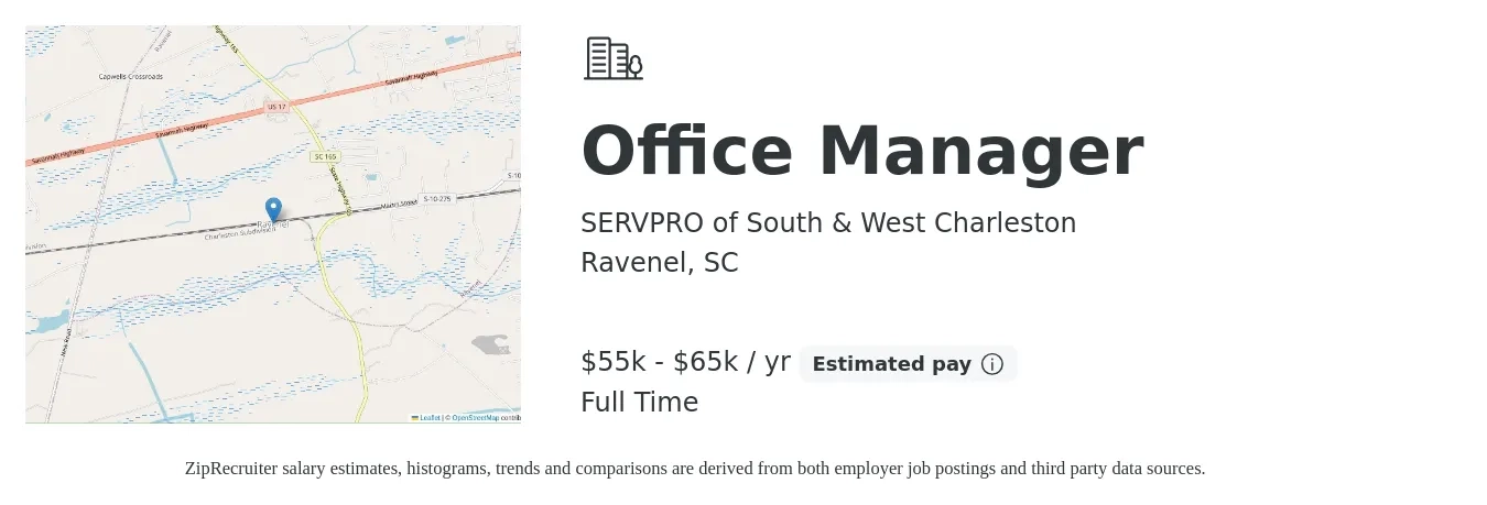 SERVPRO of South & West Charleston job posting for a Office Manager in Ravenel, SC with a salary of $55,000 to $65,000 Yearly with a map of Ravenel location.