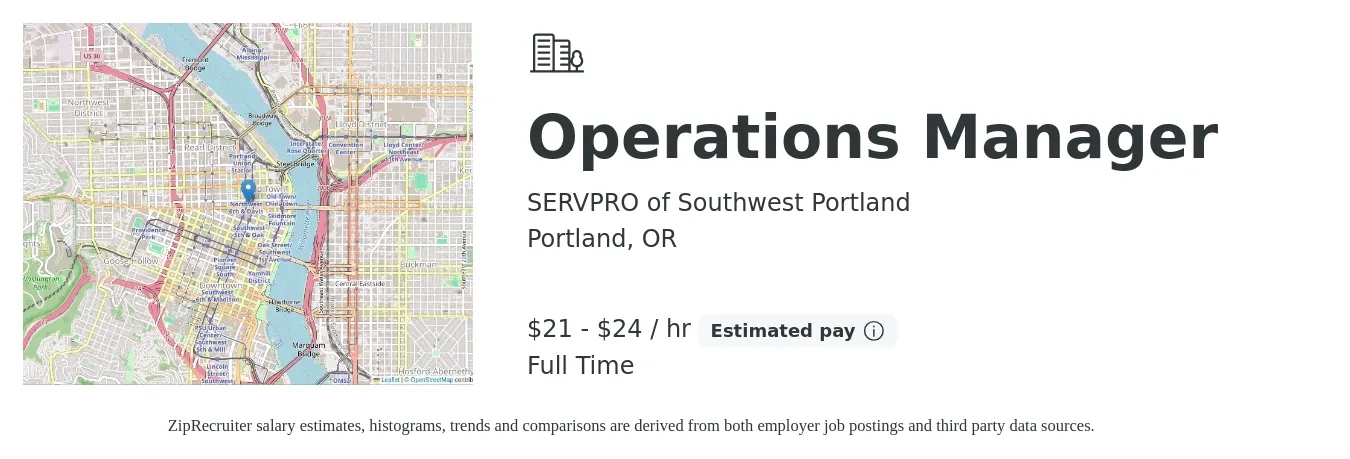 SERVPRO of Southwest Portland job posting for a Operations Manager in Portland, OR with a salary of $22 to $25 Hourly with a map of Portland location.