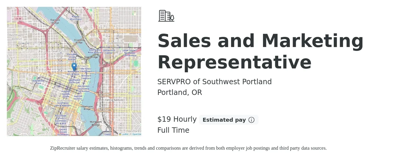 SERVPRO of Southwest Portland job posting for a Sales and Marketing Representative in Portland, OR with a salary of $20 Hourly with a map of Portland location.