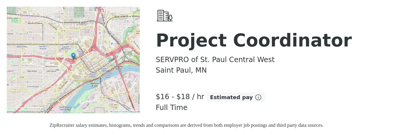 SERVPRO of St. Paul Central West job posting for a Project Coordinator in Saint Paul, MN with a salary of $17 to $19 Hourly with a map of Saint Paul location.