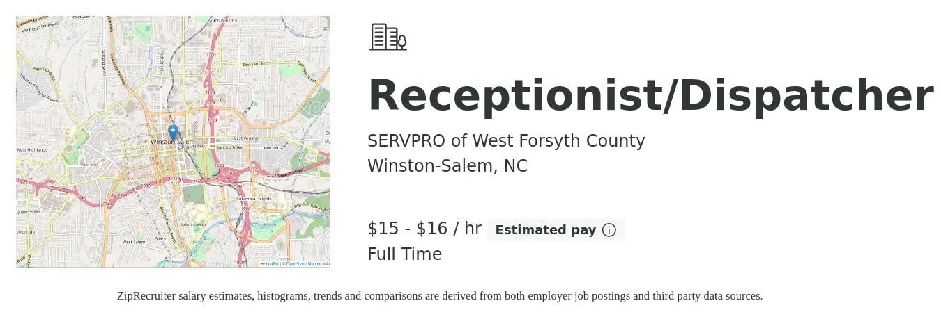 SERVPRO of West Forsyth County job posting for a Receptionist/Dispatcher in Winston-Salem, NC with a salary of $16 to $17 Hourly and benefits including pto with a map of Winston-Salem location.