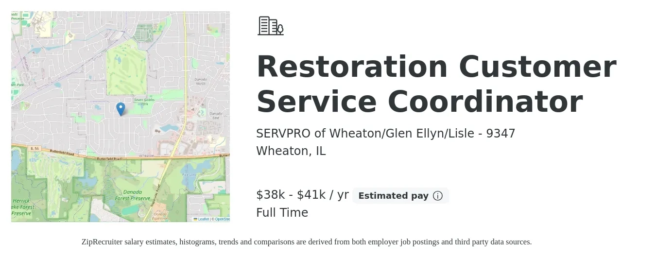 SERVPRO of Wheaton/Glen Ellyn/Lisle - 9347 job posting for a Restoration Customer Service Coordinator in Wheaton, IL with a salary of $38,000 to $41,000 Yearly with a map of Wheaton location.