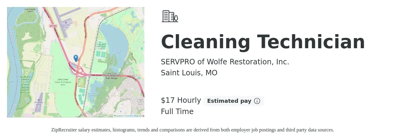 SERVPRO of Wolfe Restoration, Inc. job posting for a Cleaning Technician in Saint Louis, MO with a salary of $18 Hourly with a map of Saint Louis location.
