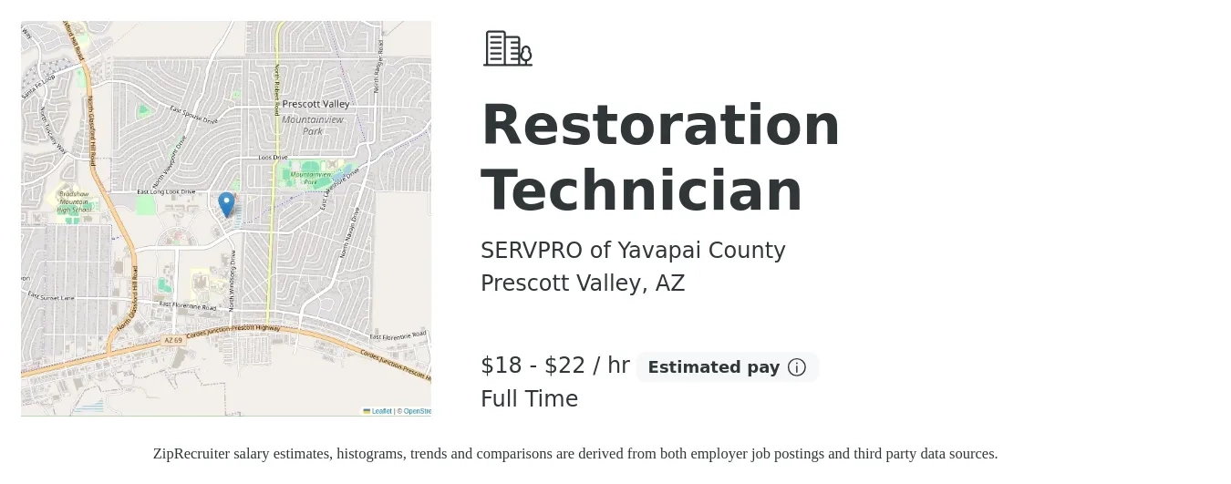 SERVPRO of Yavapai County job posting for a Restoration Technician in Prescott Valley, AZ with a salary of $19 to $23 Hourly with a map of Prescott Valley location.