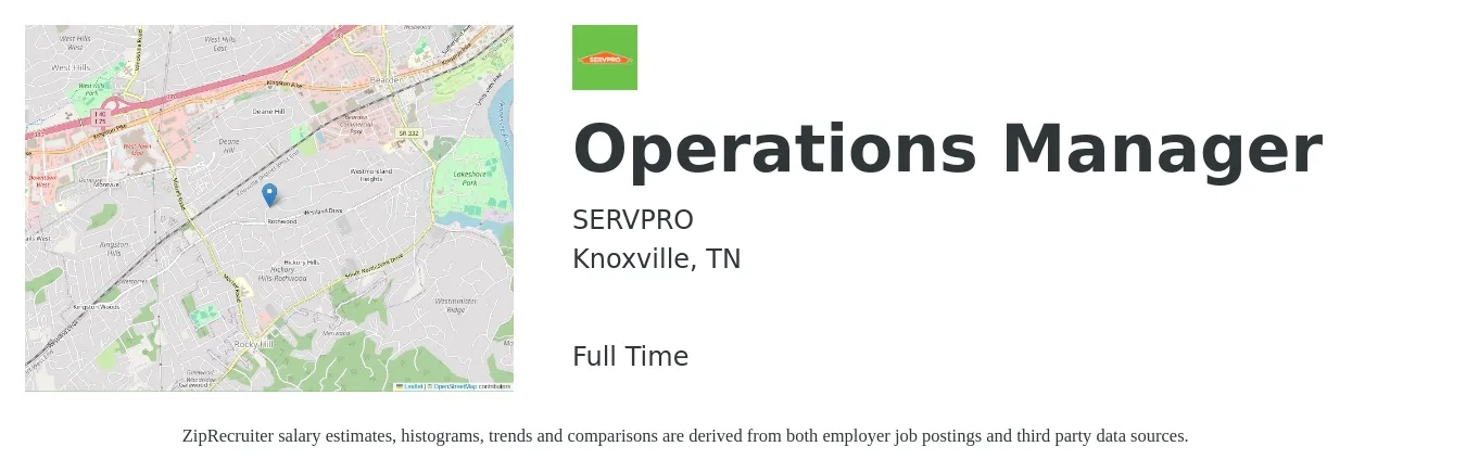 SERVPRO job posting for a Operations Manager in Knoxville, TN with a salary of $10,000 Monthly with a map of Knoxville location.