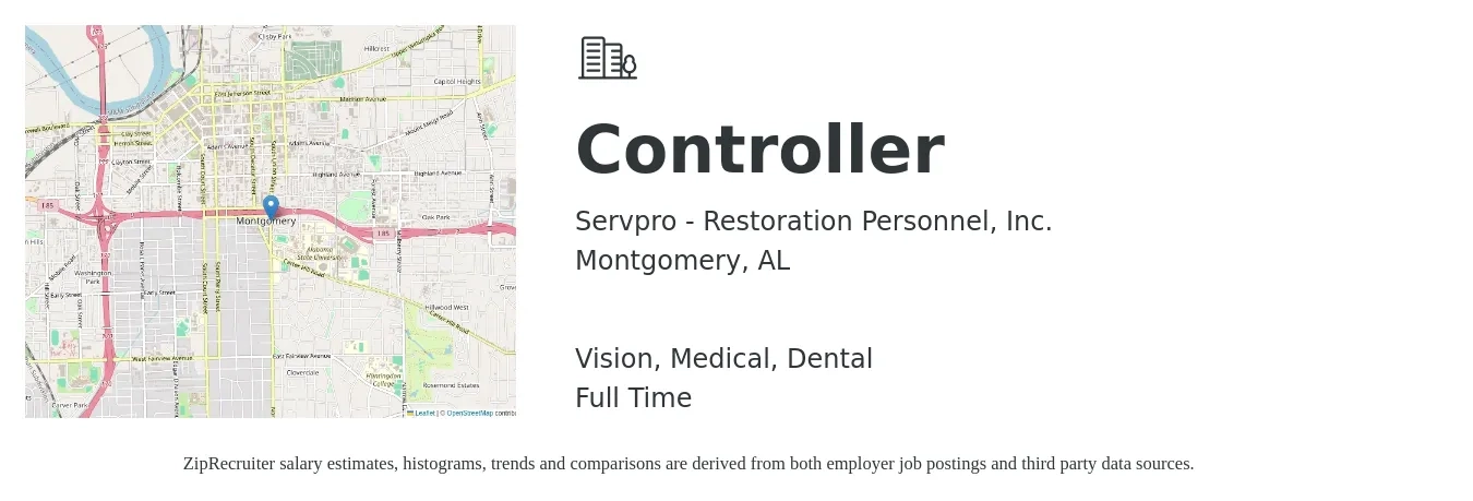 Servpro - Restoration Personnel, Inc. job posting for a Controller in Montgomery, AL with a salary of $80,700 to $115,300 Yearly and benefits including medical, pto, vision, and dental with a map of Montgomery location.