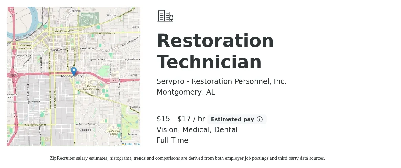 Servpro - Restoration Personnel, Inc. job posting for a Restoration Technician in Montgomery, AL with a salary of $16 to $18 Hourly and benefits including vision, dental, medical, and pto with a map of Montgomery location.