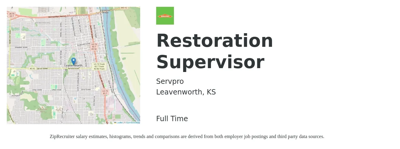 Servpro job posting for a Restoration Supervisor in Leavenworth, KS with a salary of $18 to $22 Hourly with a map of Leavenworth location.