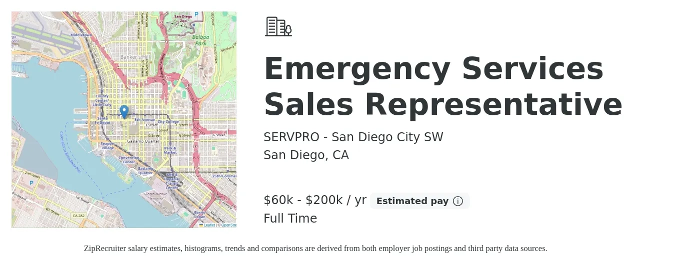 SERVPRO - San Diego City SW job posting for a Emergency Services Sales Representative in San Diego, CA with a salary of $60,000 to $200,000 Yearly with a map of San Diego location.