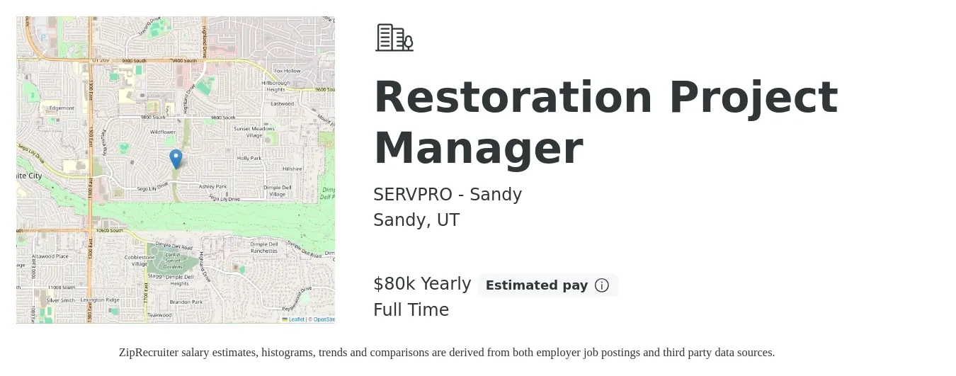 SERVPRO - Sandy job posting for a Restoration Project Manager in Sandy, UT with a salary of $80,000 Yearly with a map of Sandy location.