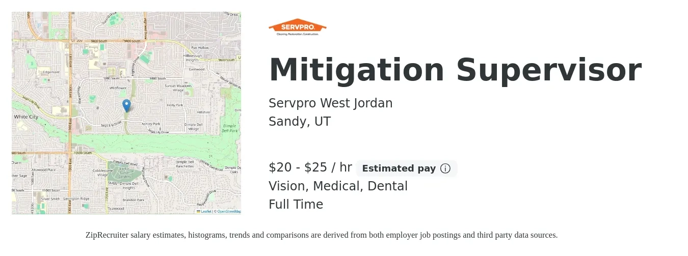 Servpro West Jordan job posting for a Mitigation Supervisor in Sandy, UT with a salary of $21 to $27 Hourly and benefits including retirement, vision, dental, life_insurance, medical, and pto with a map of Sandy location.