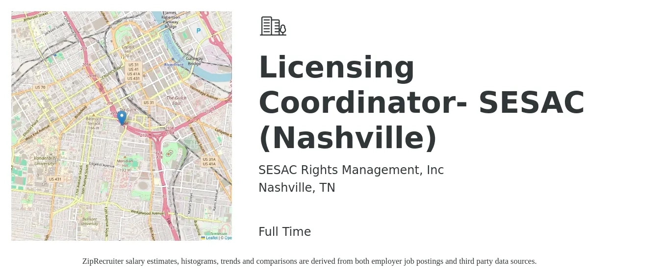 SESAC Rights Management, Inc job posting for a Licensing Coordinator- SESAC (Nashville) in Nashville, TN with a salary of $18 to $24 Hourly with a map of Nashville location.