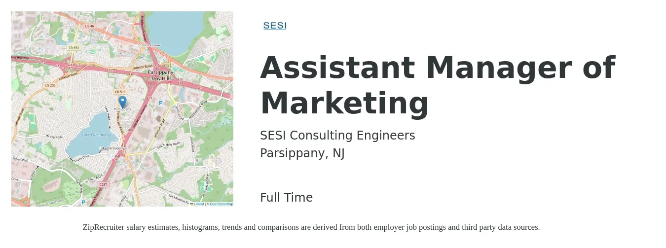 SESI Consulting Engineers job posting for a Assistant Manager of Marketing in Parsippany, NJ with a salary of $19 to $30 Hourly with a map of Parsippany location.
