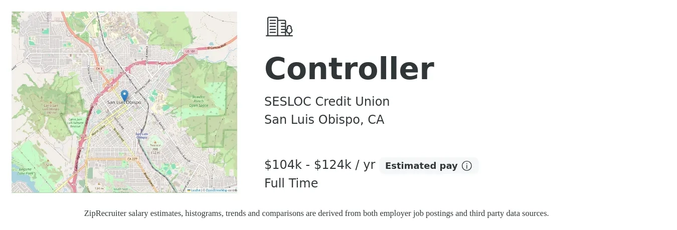 SESLOC Credit Union job posting for a Controller in San Luis Obispo, CA with a salary of $104,439 to $124,020 Yearly with a map of San Luis Obispo location.