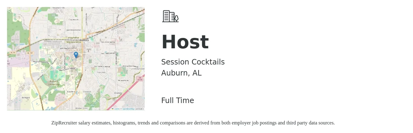 Session Cocktails job posting for a Host in Auburn, AL with a salary of $10 to $14 Hourly with a map of Auburn location.