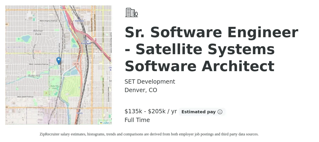 SET Development job posting for a Sr. Software Engineer - Satellite Systems Software Architect in Denver, CO with a salary of $135,000 to $205,000 Yearly with a map of Denver location.