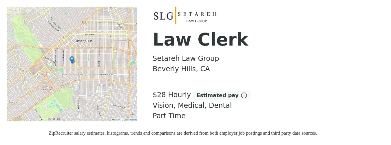 Setareh Law Group job posting for a Law Clerk in Beverly Hills, CA with a salary of $30 Hourly and benefits including dental, medical, retirement, and vision with a map of Beverly Hills location.