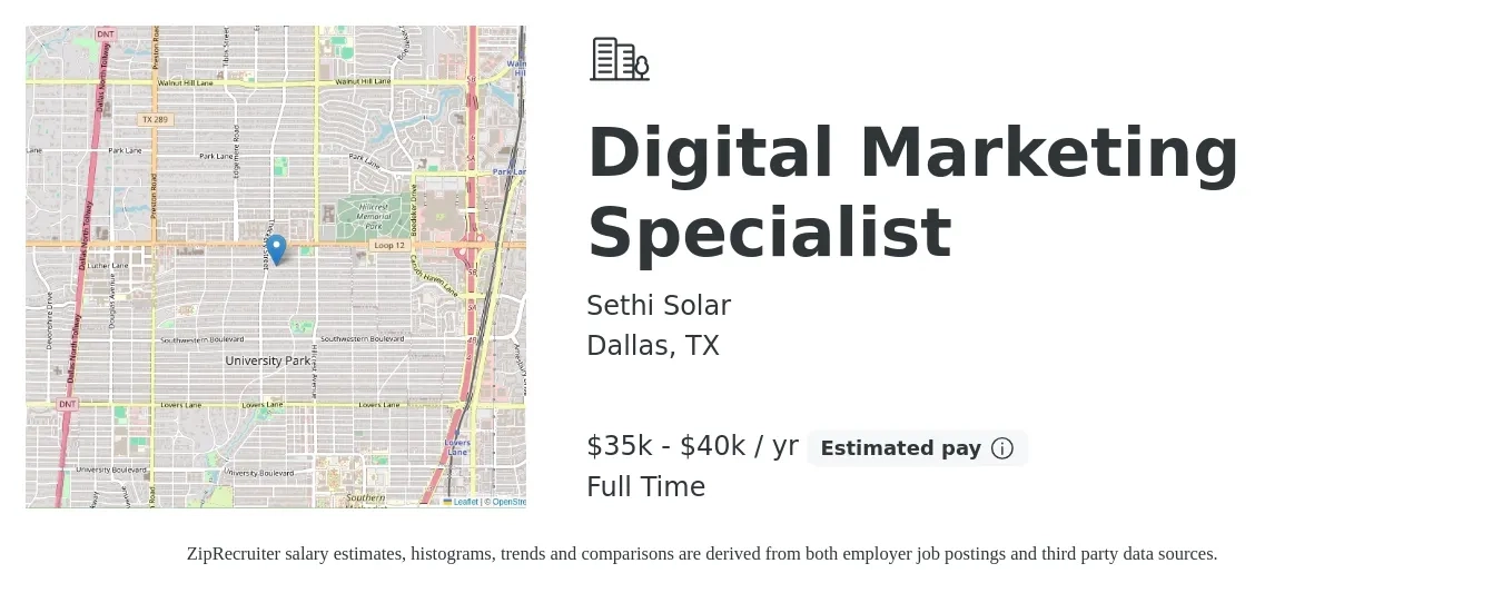 Sethi Solar job posting for a Digital Marketing Specialist in Dallas, TX with a salary of $35,000 to $40,000 Yearly with a map of Dallas location.