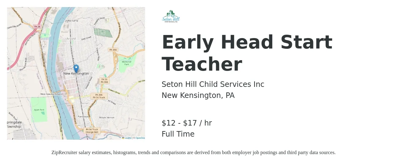 Seton Hill Child Services Inc job posting for a Early Head Start Teacher in New Kensington, PA with a salary of $13 to $19 Hourly with a map of New Kensington location.