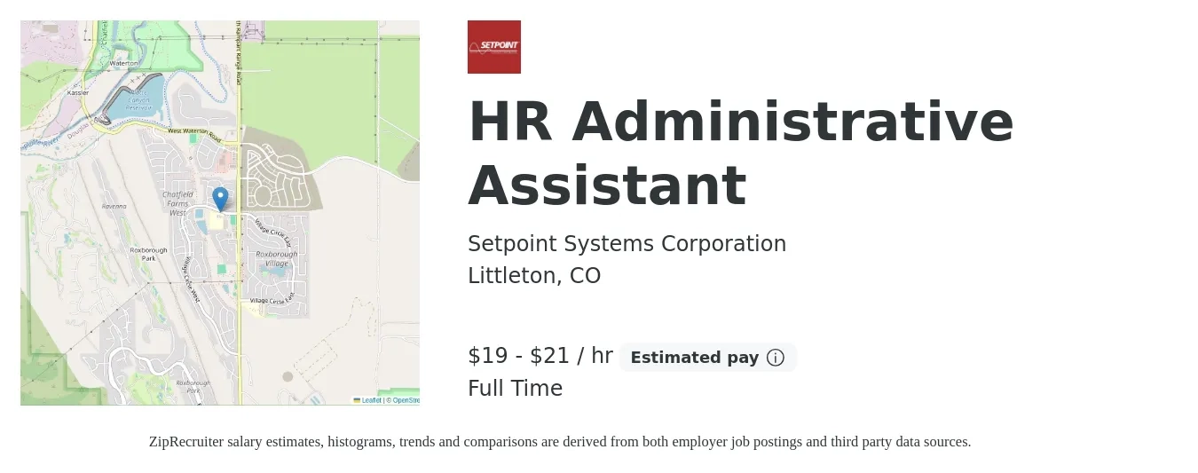 Setpoint Systems Corporation job posting for a HR Administrative Assistant in Littleton, CO with a salary of $20 to $22 Hourly with a map of Littleton location.
