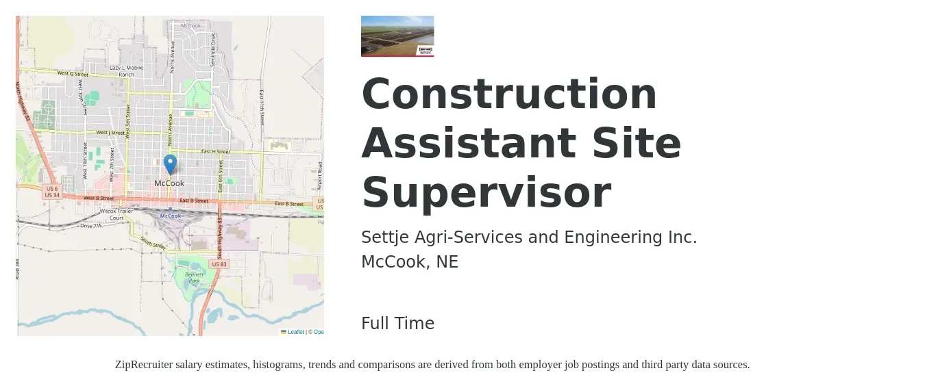 Settje Agri-Services and Engineering Inc. job posting for a Construction Assistant Site Supervisor in McCook, NE with a salary of $33,100 to $67,600 Yearly with a map of McCook location.