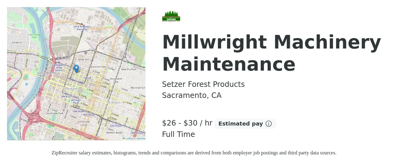 Setzer Forest Products job posting for a Millwright Machinery Maintenance in Sacramento, CA with a salary of $28 to $32 Hourly with a map of Sacramento location.