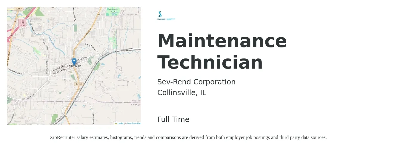 Sev-Rend Corporation job posting for a Maintenance Technician in Collinsville, IL with a salary of $18 to $25 Hourly with a map of Collinsville location.