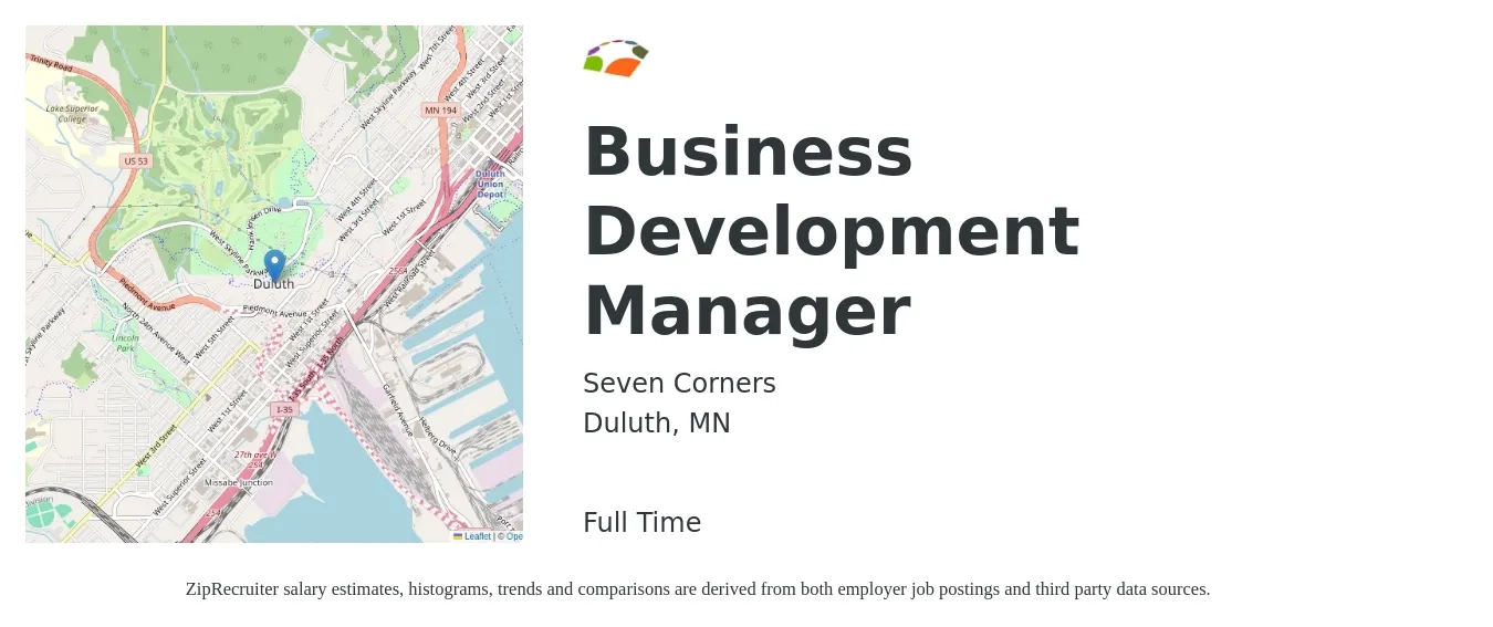 Seven Corners job posting for a Business Development Manager in Duluth, MN with a salary of $60,600 to $99,300 Yearly with a map of Duluth location.