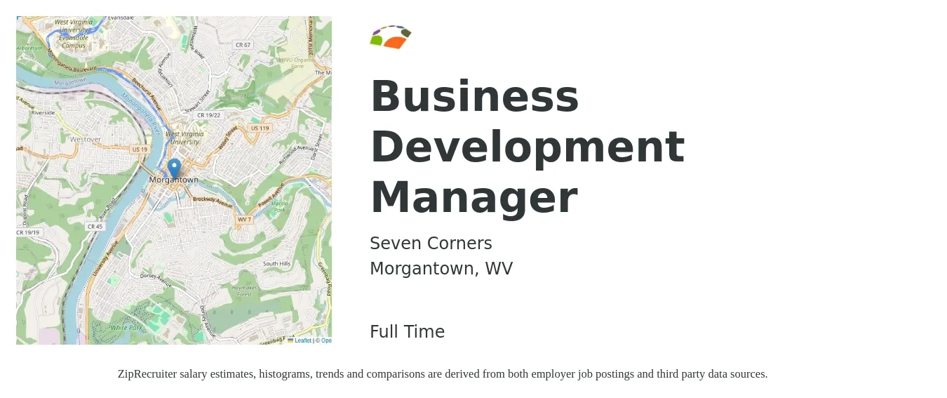 Seven Corners job posting for a Business Development Manager in Morgantown, WV with a salary of $62,800 to $102,900 Yearly with a map of Morgantown location.