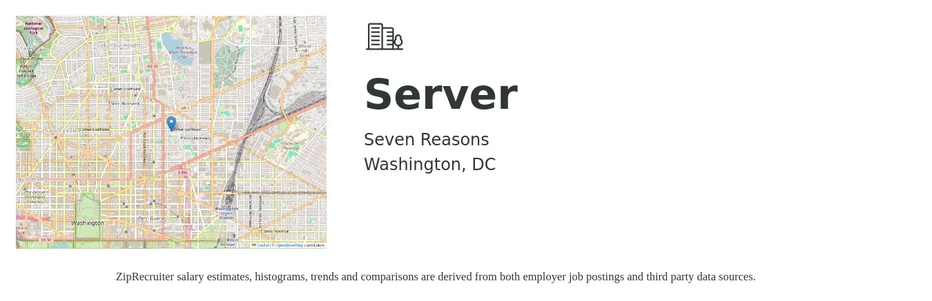 Seven Reasons job posting for a Server in Washington, DC with a salary of $12 to $20 Hourly with a map of Washington location.