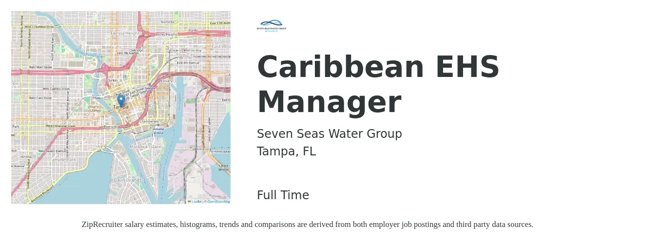 Seven Seas Water Group job posting for a Caribbean EHS Manager in Tampa, FL with a salary of $63,300 to $81,300 Yearly with a map of Tampa location.