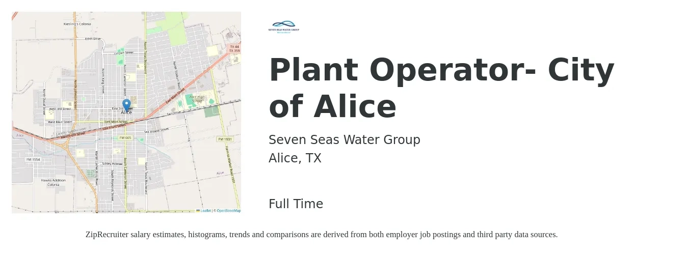 Seven Seas Water Group job posting for a Plant Operator- City of Alice in Alice, TX with a salary of $15 to $23 Hourly with a map of Alice location.