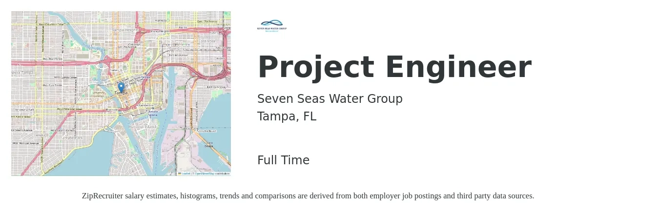 Seven Seas Water Group job posting for a Project Engineer in Tampa, FL with a salary of $69,900 to $97,800 Yearly with a map of Tampa location.