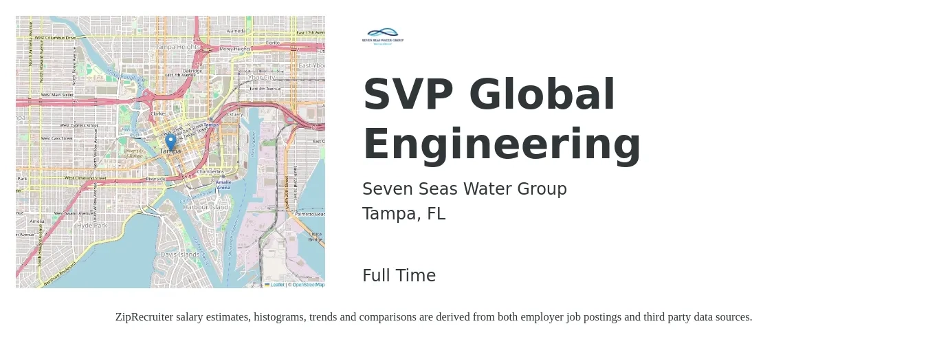 Seven Seas Water Group job posting for a SVP Global Engineering in Tampa, FL with a salary of $110,100 to $163,500 Yearly with a map of Tampa location.