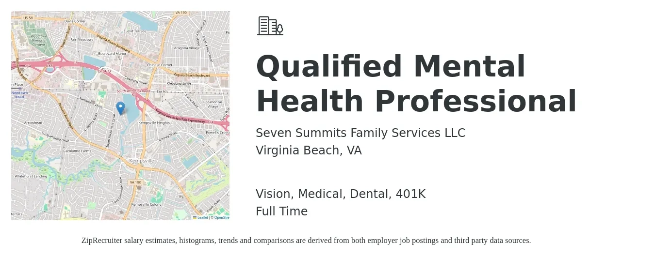 Seven Summits Family Services LLC job posting for a Qualified Mental Health Professional in Virginia Beach, VA with a salary of $48,400 to $63,100 Yearly and benefits including dental, medical, vision, and 401k with a map of Virginia Beach location.