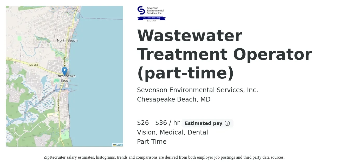 Sevenson Environmental Services, Inc. job posting for a Wastewater Treatment Operator (part-time) in Chesapeake Beach, MD with a salary of $28 to $38 Hourly and benefits including life_insurance, medical, retirement, vision, and dental with a map of Chesapeake Beach location.