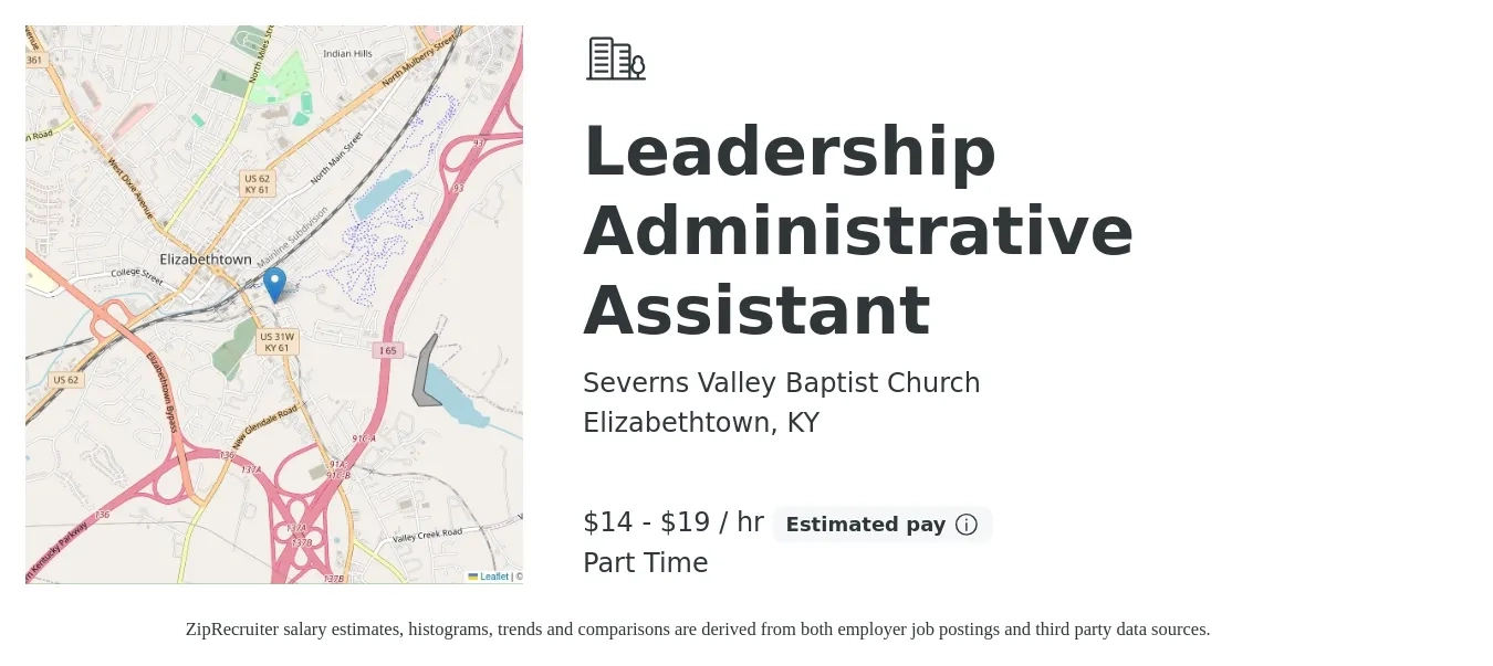 Severns Valley Baptist Church job posting for a Leadership Administrative Assistant in Elizabethtown, KY with a salary of $15 to $20 Hourly with a map of Elizabethtown location.