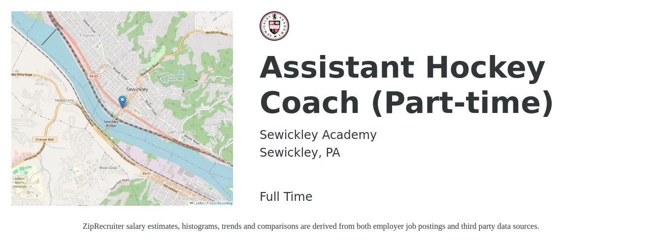 Sewickley Academy job posting for a Assistant Hockey Coach (Part-time) in Sewickley, PA with a salary of $28,700 to $42,500 Yearly with a map of Sewickley location.